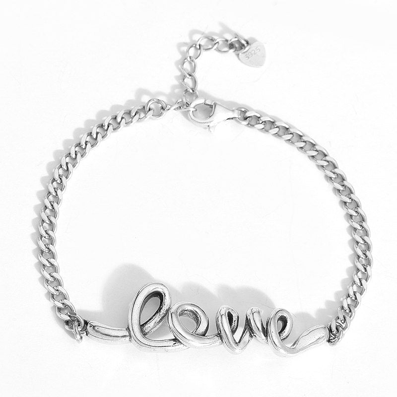925 Sterling Silver Love Bracelets&Bangles For Women Statement Big Link Chain Love Letter Bracelet Charms Adjustable