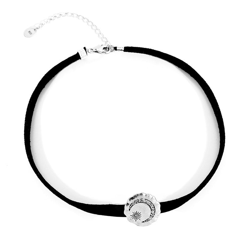 Authentic 925 Sterling Silver 2020 New Fashion Fine Jewelry Silver Color Suede Choke Necklace Star With Moon Accessories