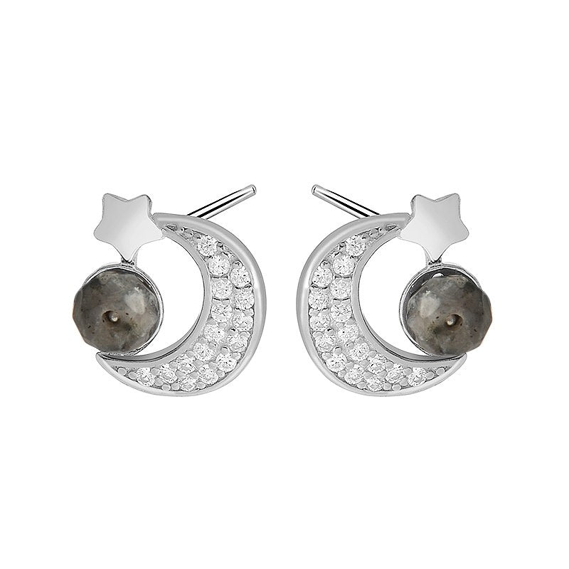 Authentic 925 Sterling Silver Crescent Half Moon&Star Earrings Paved ZC Natural Stone Earrings for Women Fine Jewelry