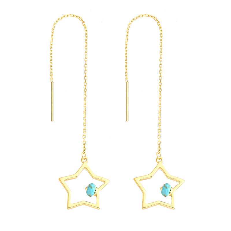 Hot Sale 925 Silver Star Drop Earrings With Turquoise 18 k Gold Plated Long Ear Line Earrings Sterling Silver Jewelry