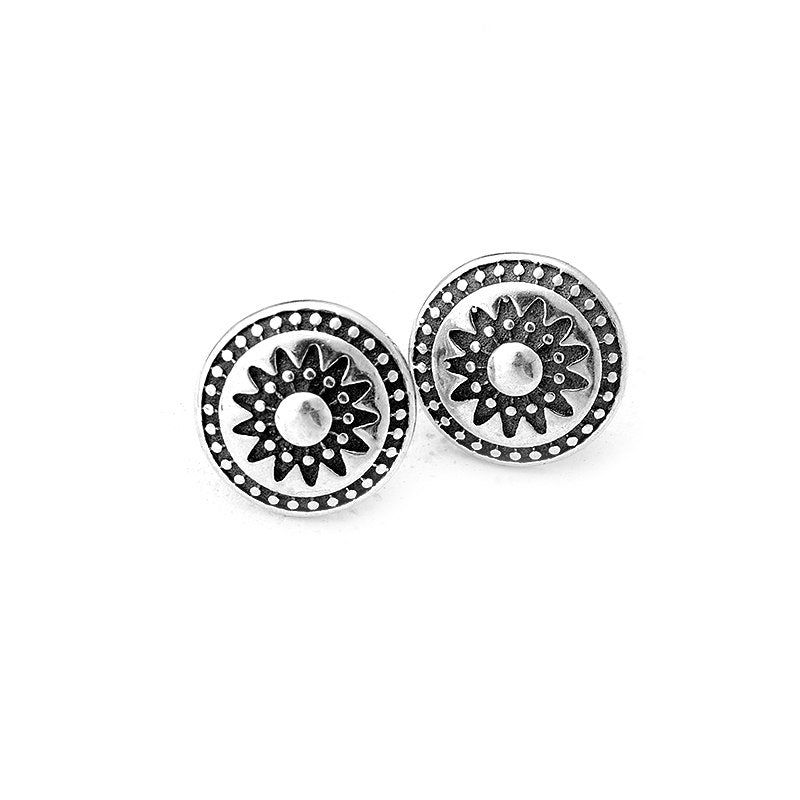 RetroMinimalist 925 Sterling Silver Round Stud Earrings Vintage Flower Pattern Tibetan Earrings For Women Fine Jewelry