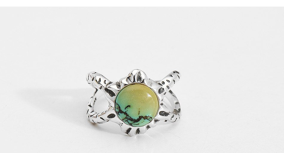Vintage Real 925 Sterling Silver Ring For Women Round Turquoise Fashion Adjustable Cuff Opening Rings Fine Jewelry Gift