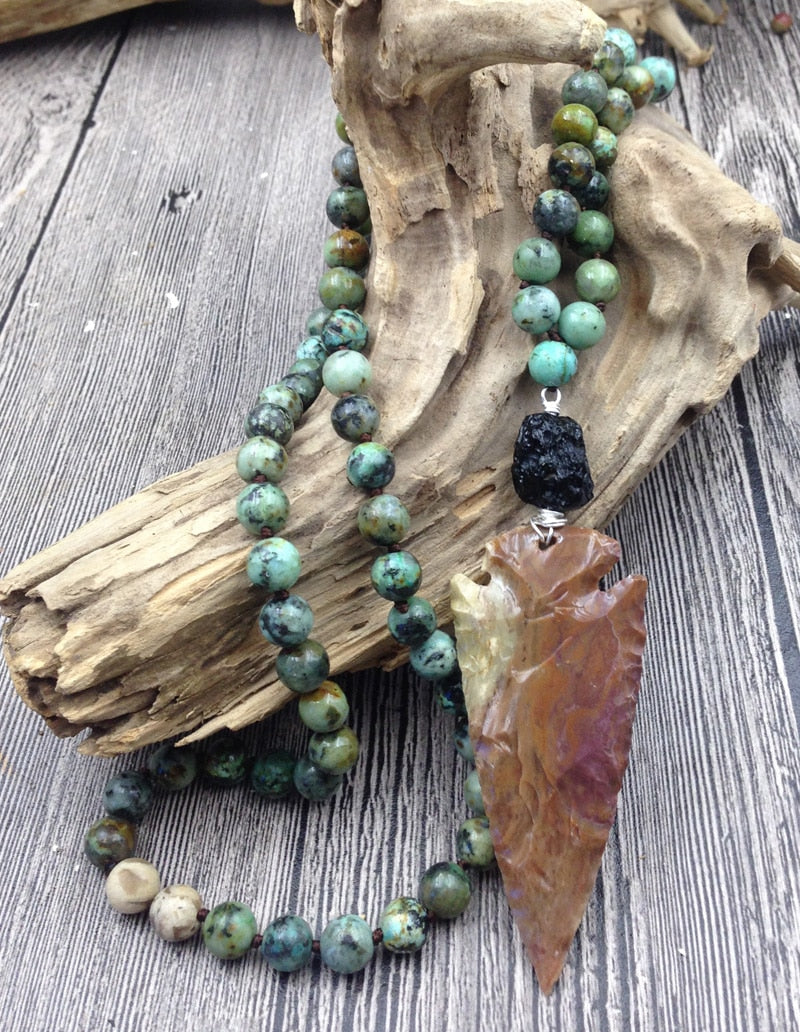 YA2818 Arrow Jaspers Stone Black Aerolite African Turquoises Beads Stone Handmade Knot Necklaces