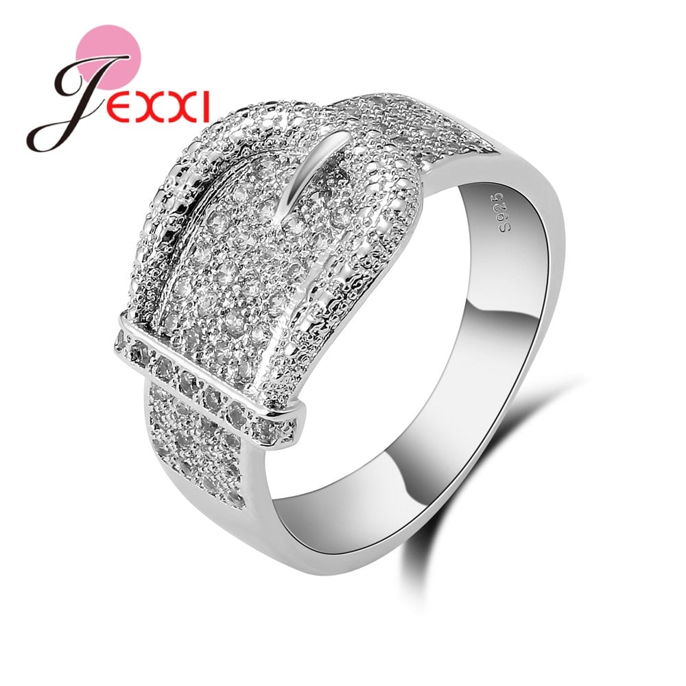 Latest 925 Sterling Silver Rings AAA Cubic Zircon CZ Stone Belt Buckle Design Lovely Women's Big Party Accessories