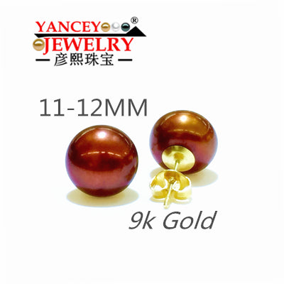 YANCEY Genuine pearl stud earring for women,Brown natural pearl earrings 9k gold girl best gift, Low price promotion