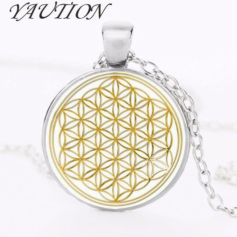 1pcs/lot Fashion Mandala FLOWER OF LIFE - gold Classic Round pendant glass cabochon necklace Fine Jewelry Private custom