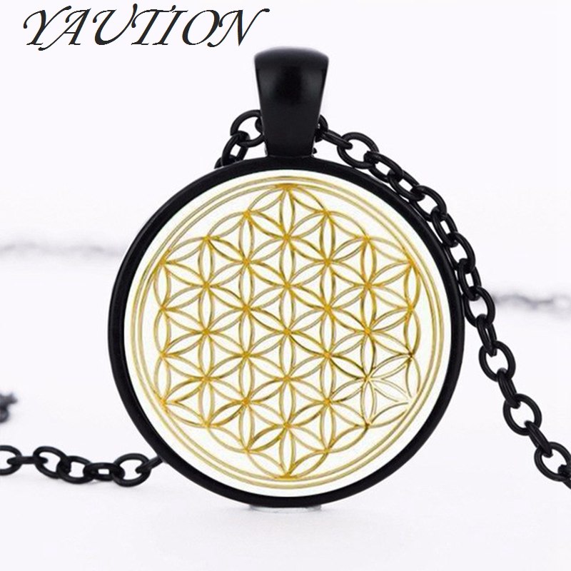 1pcs/lot Fashion Mandala FLOWER OF LIFE - gold Classic Round pendant glass cabochon necklace Fine Jewelry Private custom