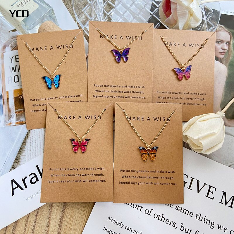 YCD Korean Trendy Blue Purple Butterfly Pendant Necklace Vintage Charm Choker Necklaces for Women Jewelry Gifts