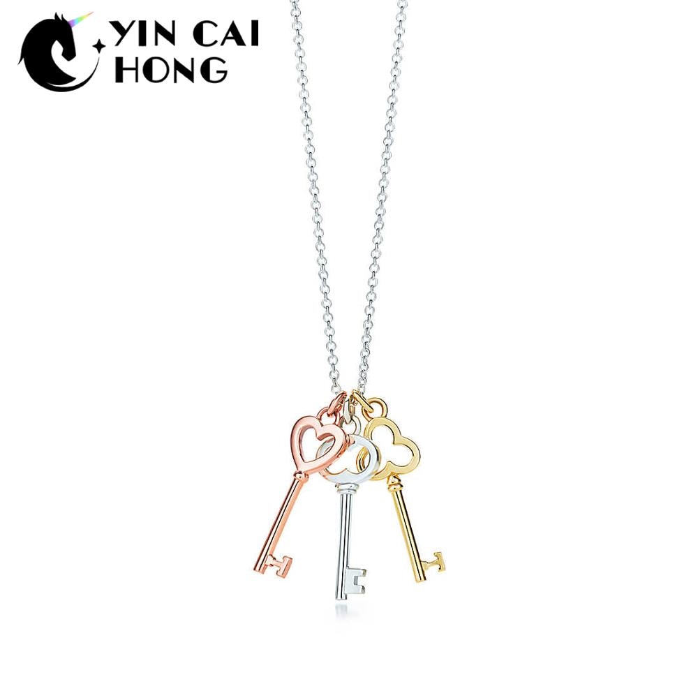 YCH Charm 925 Sterling Silver Rose Gold 14K Gold Key Heart-Shaped Plum Key Pendant Necklace Original Retro Women Jewelry