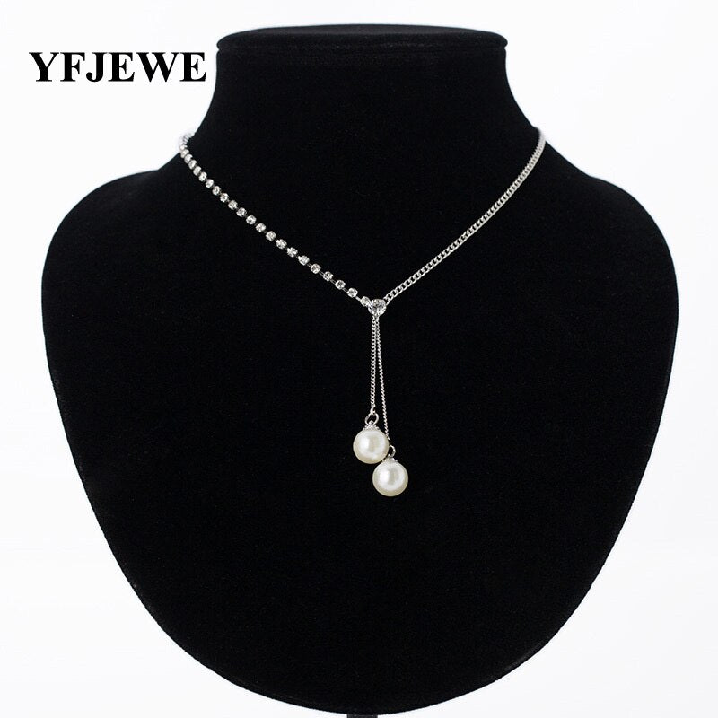 YFJEWE  Elegant pearl Pendant Necklace sliver Plated Chain Necklace Austrian Crystal Pearl Necklace For Women #N098