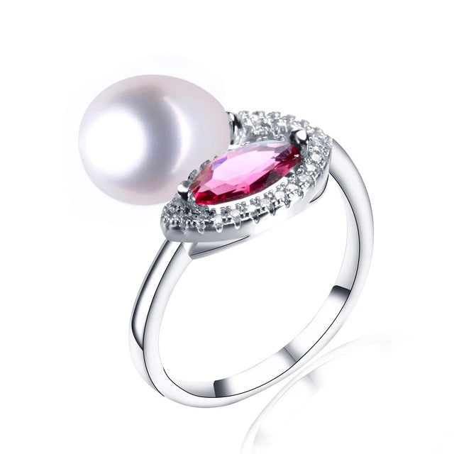 Pearl Ring Clear Red Crysta Women's Rings 925 Sterling Silver Brilliant Stackable Ring Fashion Pearl Jewelry