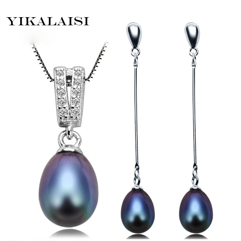 2020 100% Natural Pearl Jewelry Set For Women 925 sterling Silver Pendant Necklace Drop Earring 8-9 mm Pearl