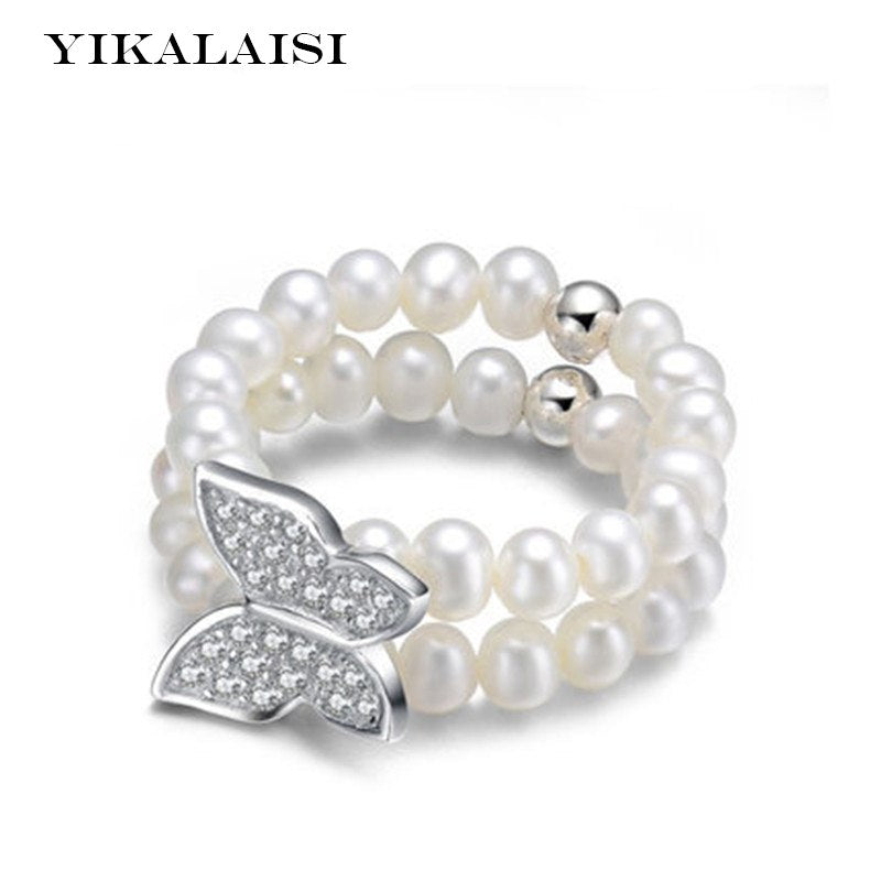 2020 fashion Pearl Ring Jewelry Of Silver Butterfly Double Row Ring Wedding Rings 925 Sterling Silver Rings For Women