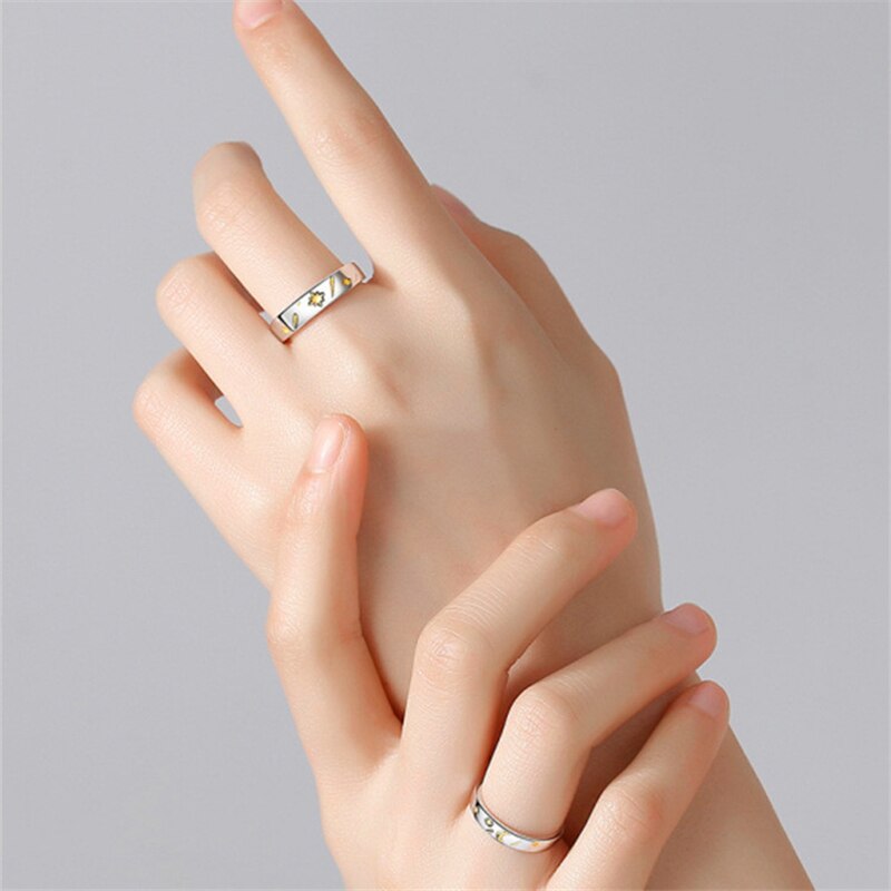 YIZIZAI Sole Memory Sun Moon Star Silver Color Valentine's Day Female Resizable Opening Romantic Couple Rings For Men Women Gift