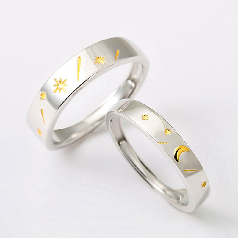 YIZIZAI Sole Memory Sun Moon Star Silver Color Valentine's Day Female Resizable Opening Romantic Couple Rings For Men Women Gift