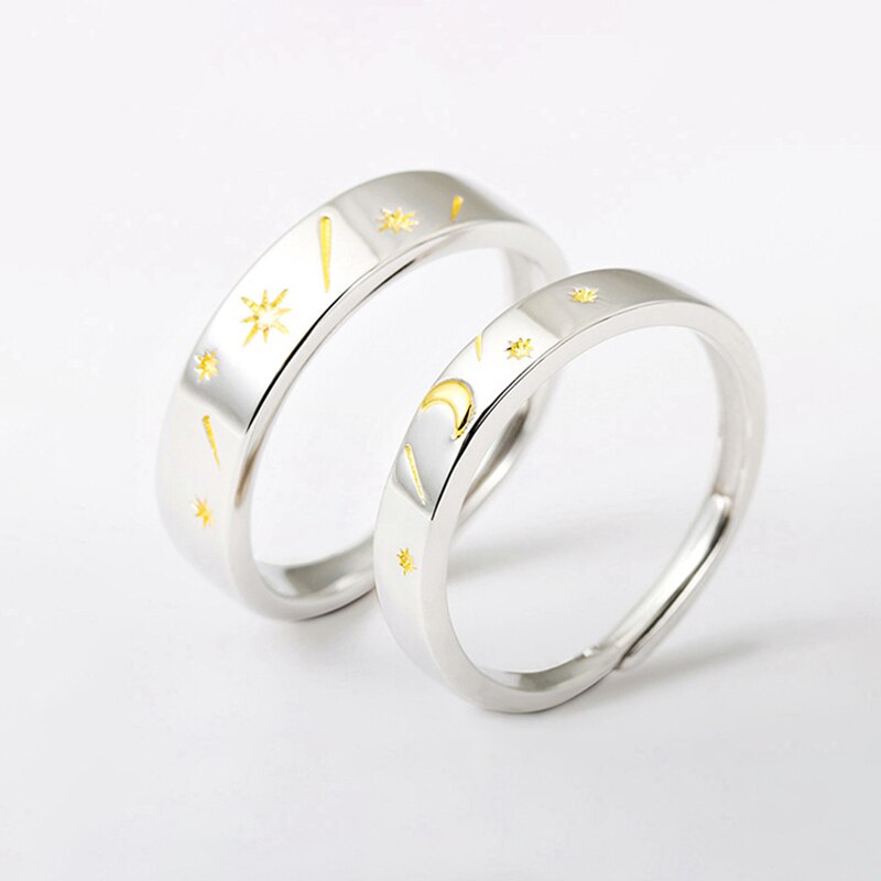 YIZIZAI Sole Memory Sun Moon Star Silver Color Valentine's Day Female Resizable Opening Romantic Couple Rings For Men Women Gift