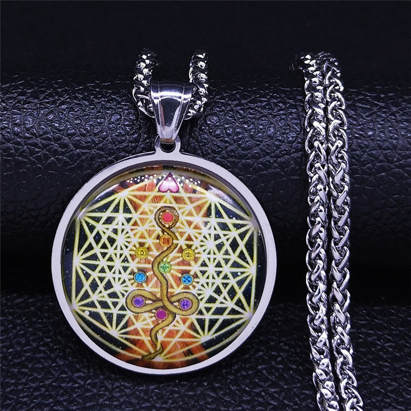 YOGA Flower of Life Seven Chakra Snake Glass Stainless Steel Silver Color Necklace Men/Women Jewelry collares mujer N5168S02