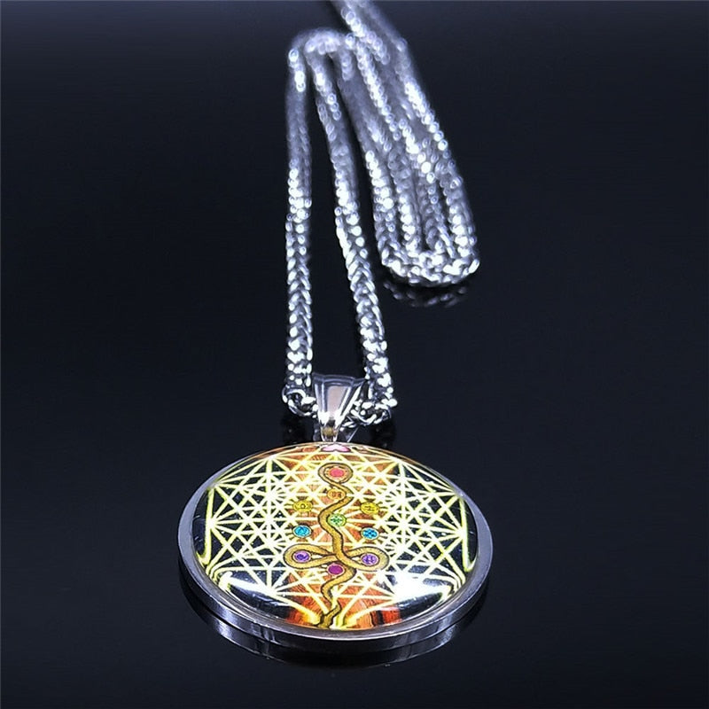 YOGA Flower of Life Seven Chakra Snake Glass Stainless Steel Silver Color Necklace Men/Women Jewelry collares mujer N5168S02