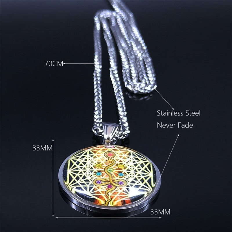 YOGA Flower of Life Seven Chakra Snake Glass Stainless Steel Silver Color Necklace Men/Women Jewelry collares mujer N5168S02