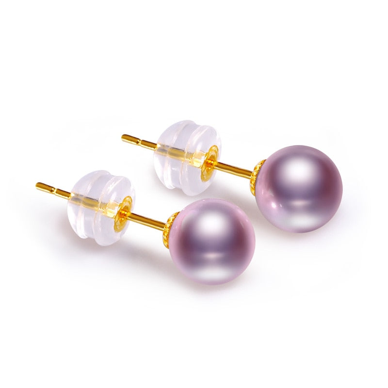 YS Pure 18k Gold 6-7 mm Purple Round High Luster Pearl Stud Earrings Fine Jewelry