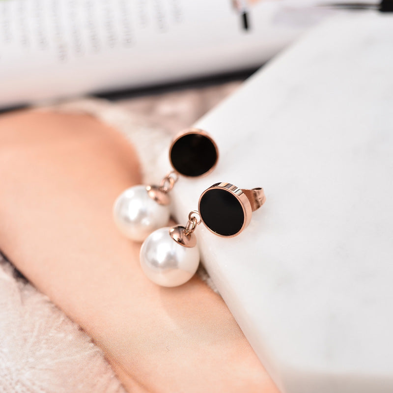YUNRUO Fashion Brand Rose Gold Color Black Round Pearl Stud Earring for Woman Man Couple 316L Stainless Steel Jewelry Never Fade