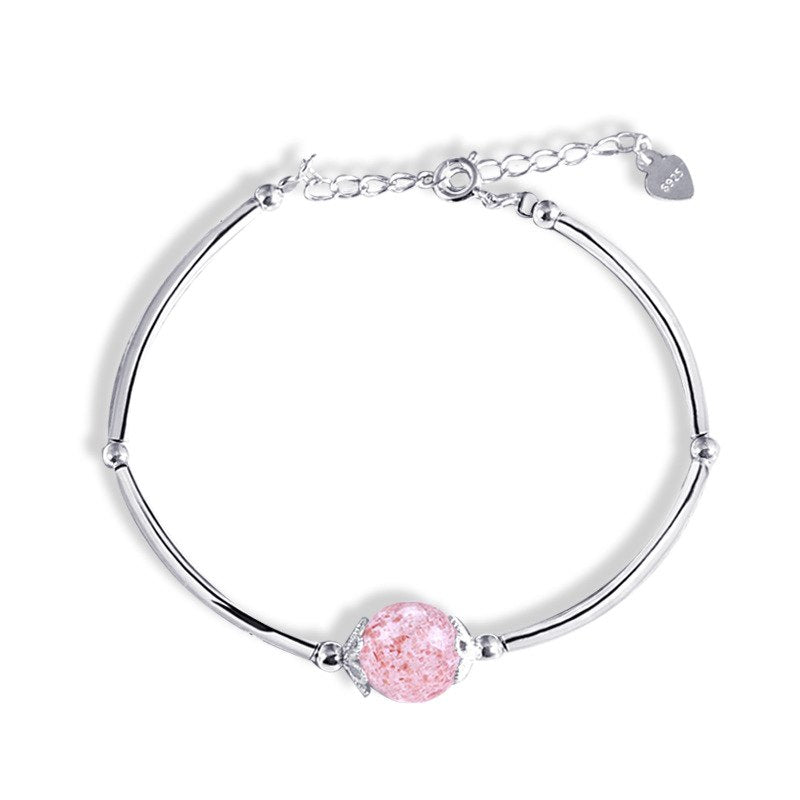 YWM 925 Sterling Silver Strawberry Crystal Bracelet Natural Pink Crystal Jewelry Trend Wild Bracelet for Women Girls