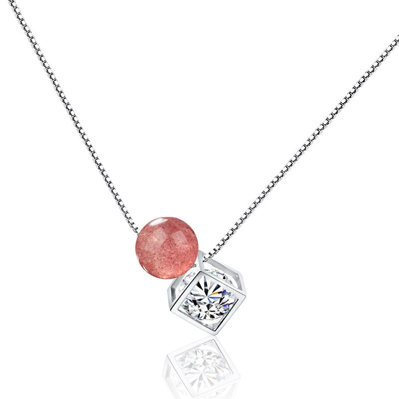 YWM 925 sterling silver love window strawberry crystal necklace natural crystal decoration fashion small fresh clavicle chain