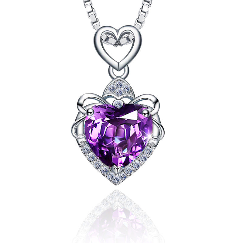 YWM JEWELS 100% Sterling Silver 925 Love my life Pendant Necklace with Natural Purple crystal Double love Style Jewelry 2020 New
