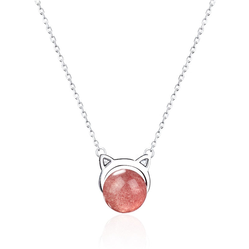 YWM Strawberry Crystal Cat Necklace 925 Sterling Silver Natural Crystal Necklace Trendy Fresh Clavicle Chain for Women Girls