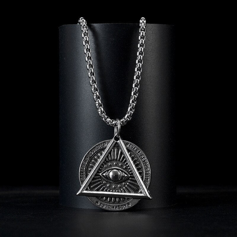 YWSHK Freemason Demon Eye Men's Necklace Pendant Letter Chain Meaning Never Lose Faith Believe Your Self Punk Jewelry