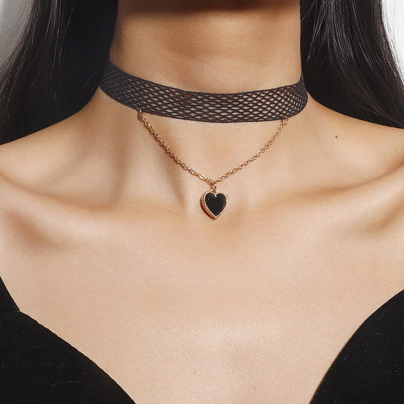 YWZIXLN Bohemia Classic Gothic Tattoo Black Lace Choker Necklace With Black Heart Pendant  Jewelry For Women Gift N0115