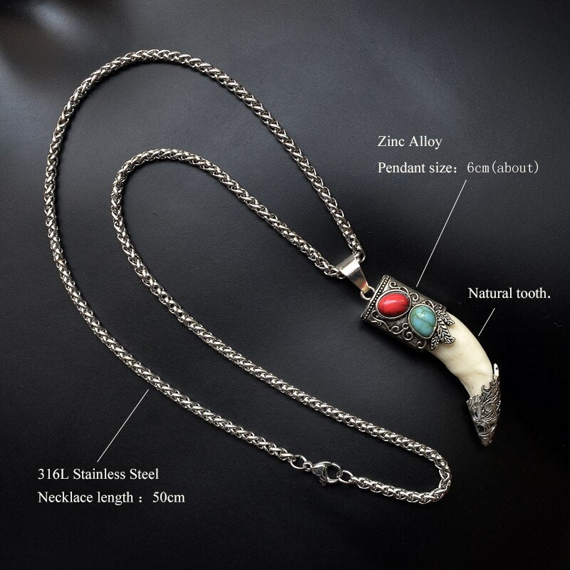 YX001 Men's Bone Pendant Necklace Stainless Steel Necklace Tibetan Amulet Fangs Real Natural Tooth Vintage Wolf Tooth Charm