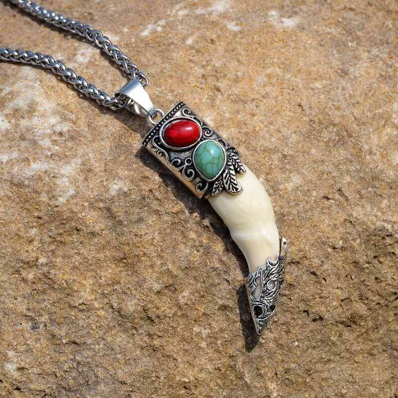 YX001 Men's Bone Pendant Necklace Stainless Steel Necklace Tibetan Amulet Fangs Real Natural Tooth Vintage Wolf Tooth Charm