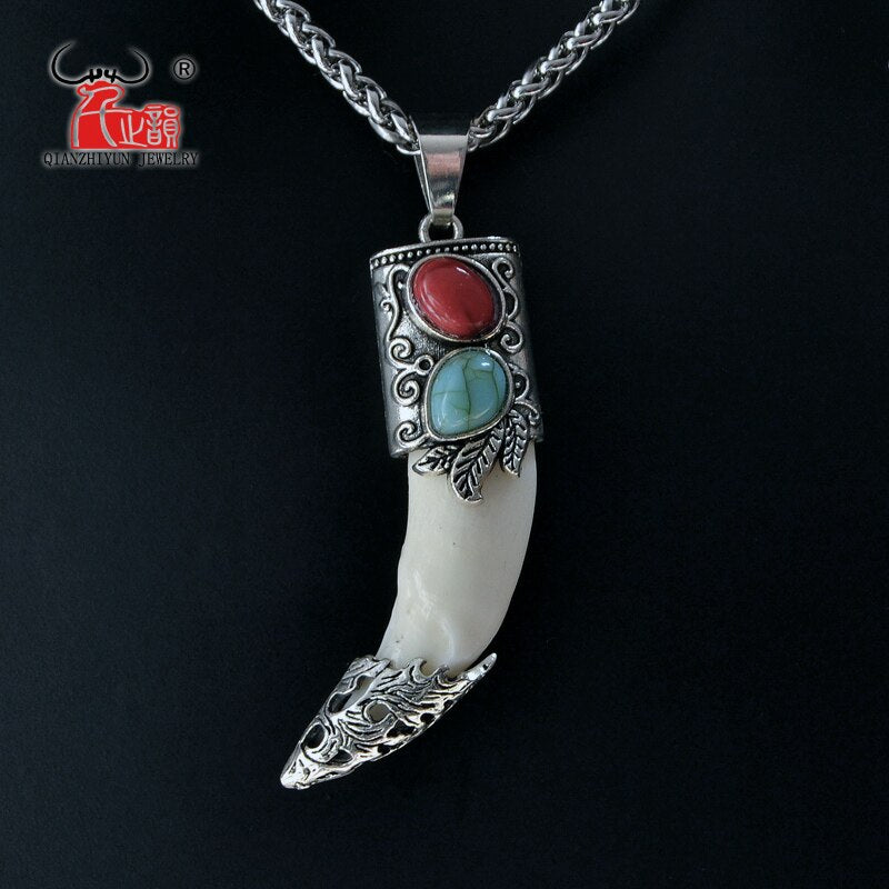 YX001 Men's Bone Pendant Necklace Stainless Steel Necklace Tibetan Amulet Fangs Real Natural Tooth Vintage Wolf Tooth Charm