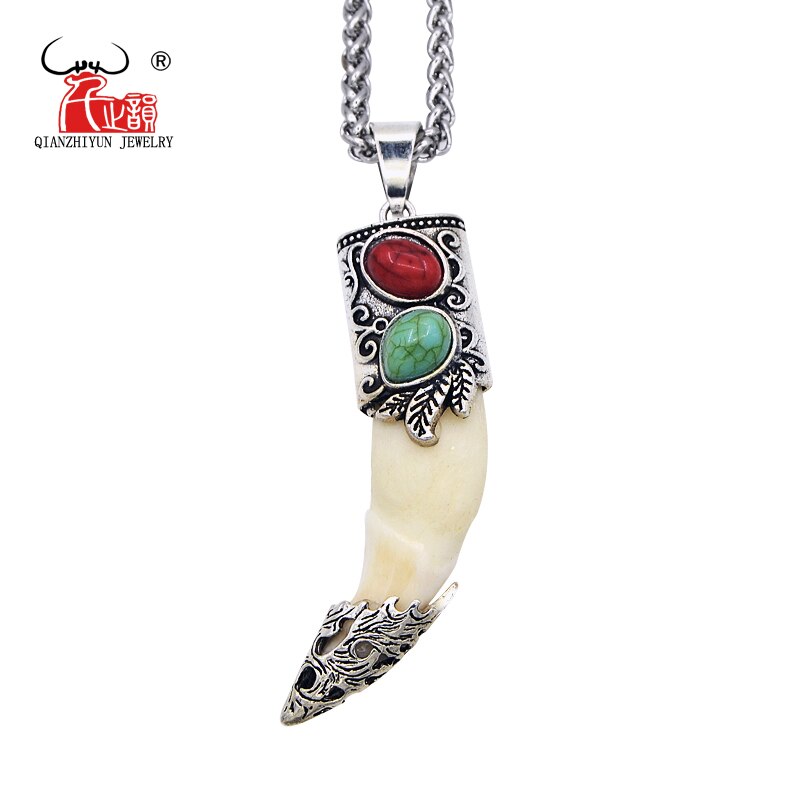 YX001 Men's Bone Pendant Necklace Stainless Steel Necklace Tibetan Amulet Fangs Real Natural Tooth Vintage Wolf Tooth Charm