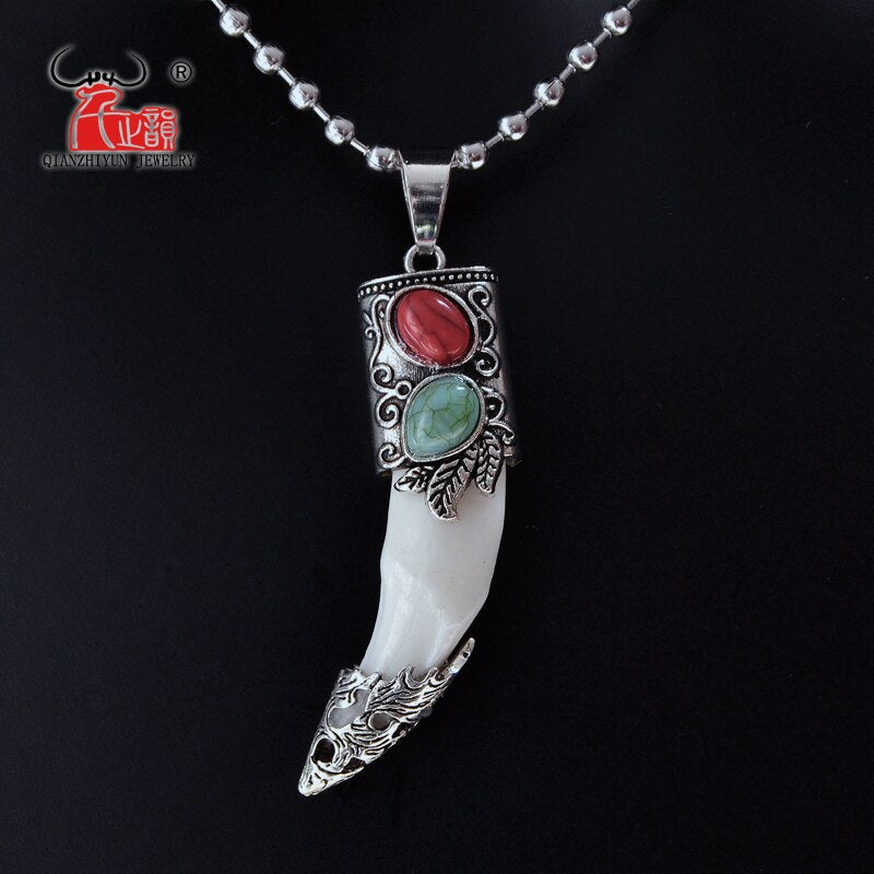 YX001 Men's Bone Pendant Necklace Stainless Steel Necklace Tibetan Amulet Fangs Real Natural Tooth Vintage Wolf Tooth Charm