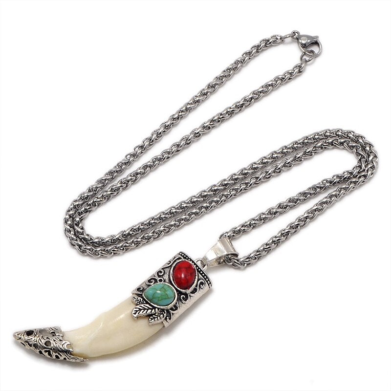 YX001 Men's Bone Pendant Necklace Stainless Steel Necklace Tibetan Amulet Fangs Real Natural Tooth Vintage Wolf Tooth Charm