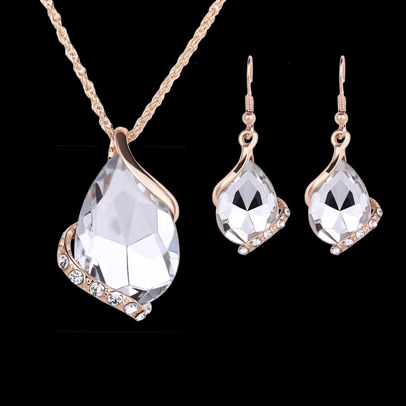 Fashion Wedding Bridal Women Jewelry Teardrop Necklace Gold-color Costume Accessories Crystal Dangle Pendant Necklaces