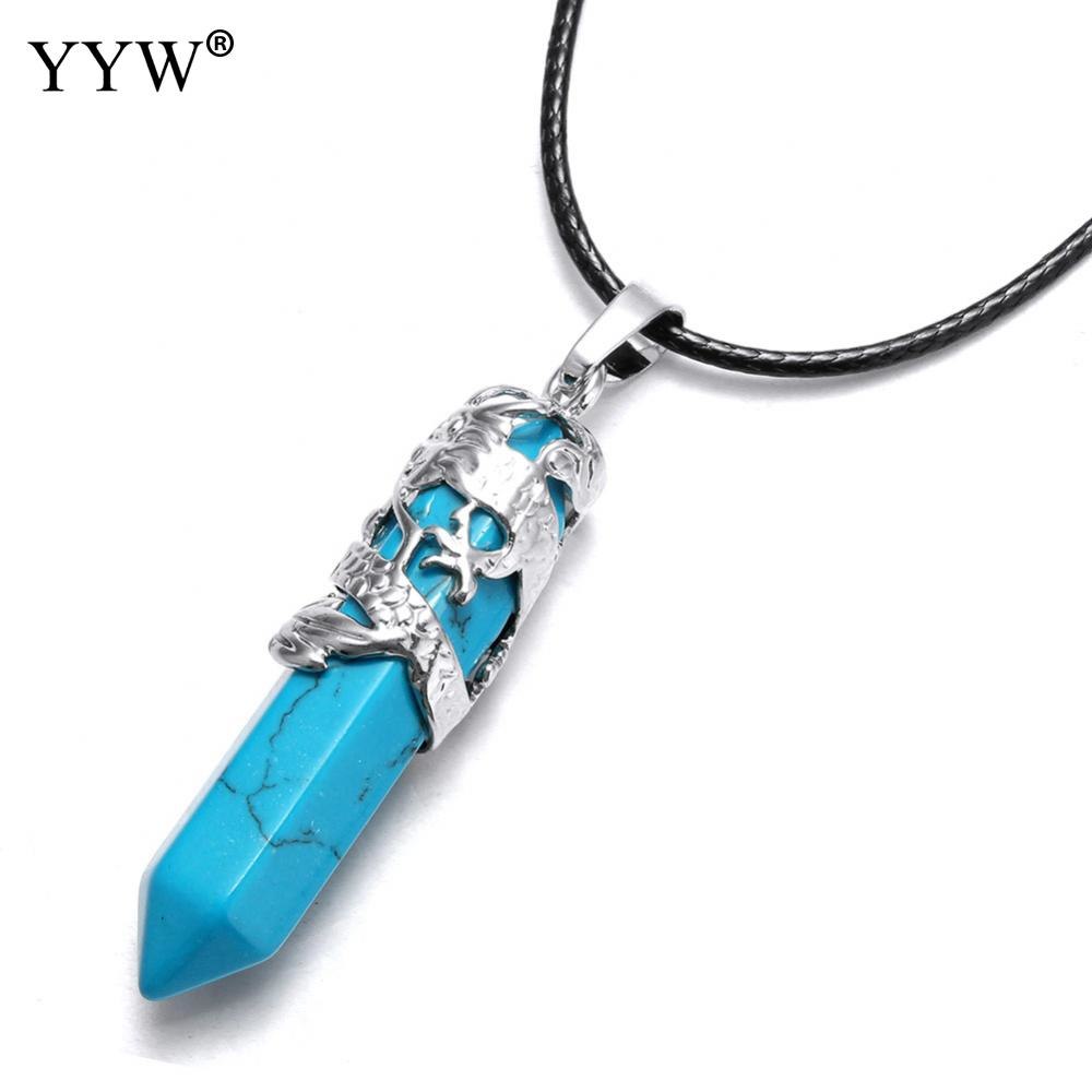 Lucky Dragon Punk Rock Male Women Waxed Cord Necklace Turquoises Rose Clear Quartz Gems Stone Bullet Pendants Necklaces