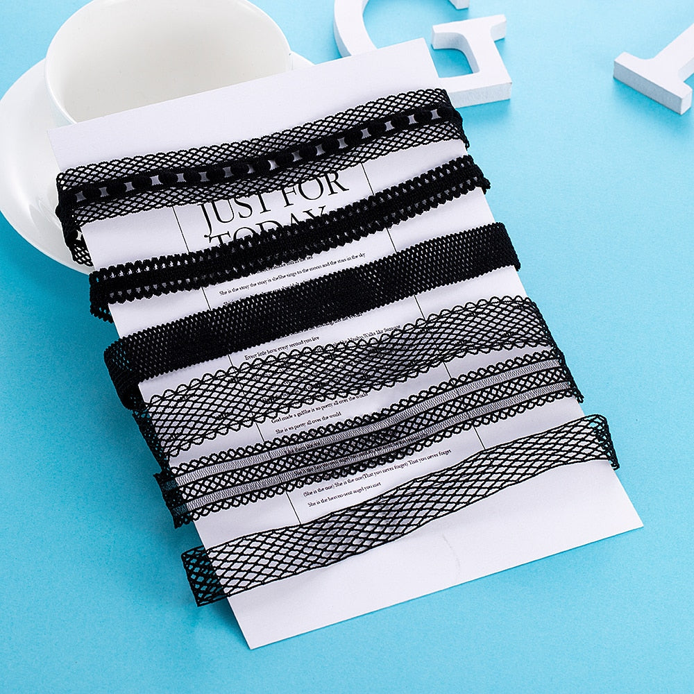 Yanqueens 6 Pcs/pack Black Lace Leather Velvet strip Choker Necklace Torques Collar  Women Statement Jewelry Chocker