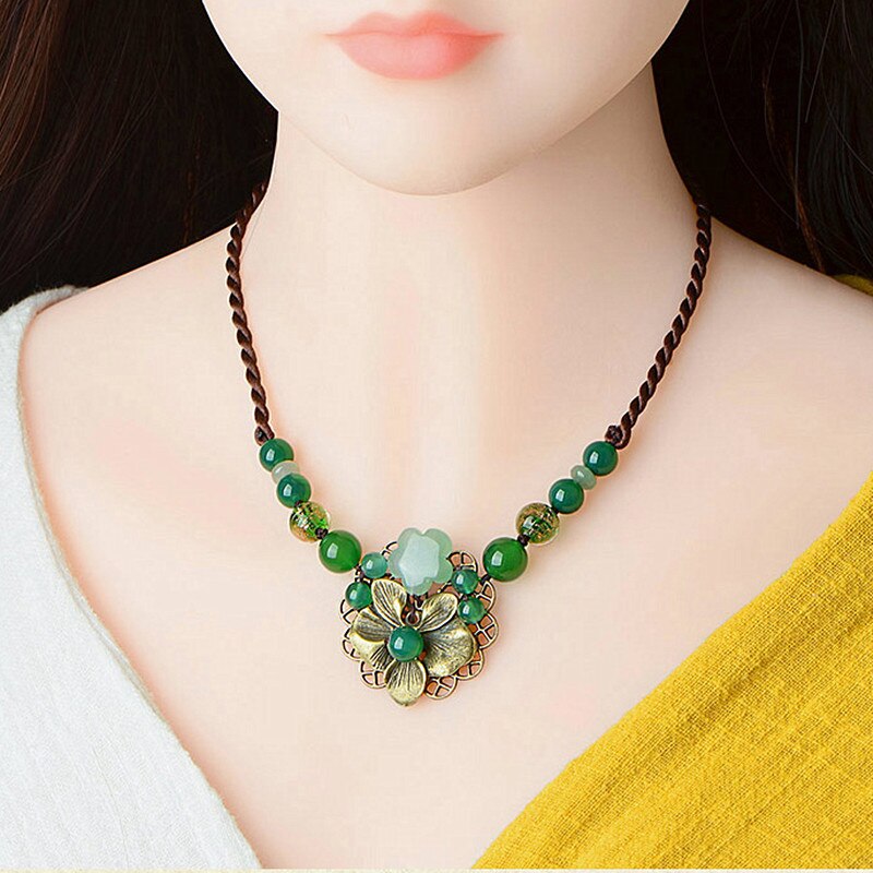 Yanting Ethnic Short Choker Necklaces For Women Vintage Copper Alloy Flower Handmade Necklace With Natural Stone Aventurine 0110