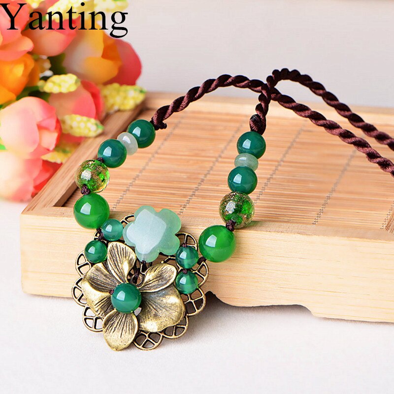 Yanting Ethnic Short Choker Necklaces For Women Vintage Copper Alloy Flower Handmade Necklace With Natural Stone Aventurine 0110