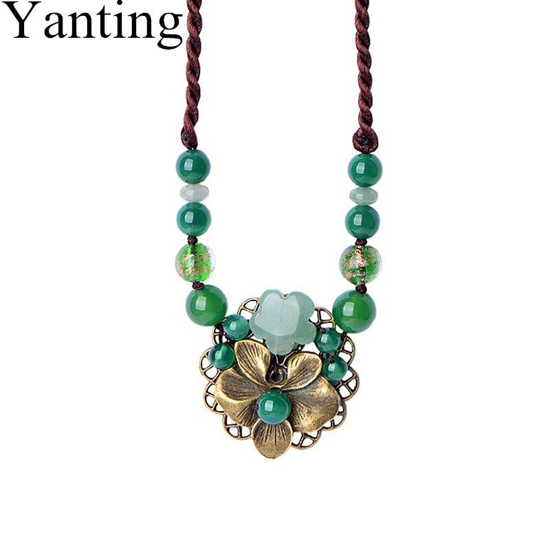 Yanting Ethnic Short Choker Necklaces For Women Vintage Copper Alloy Flower Handmade Necklace With Natural Stone Aventurine 0110