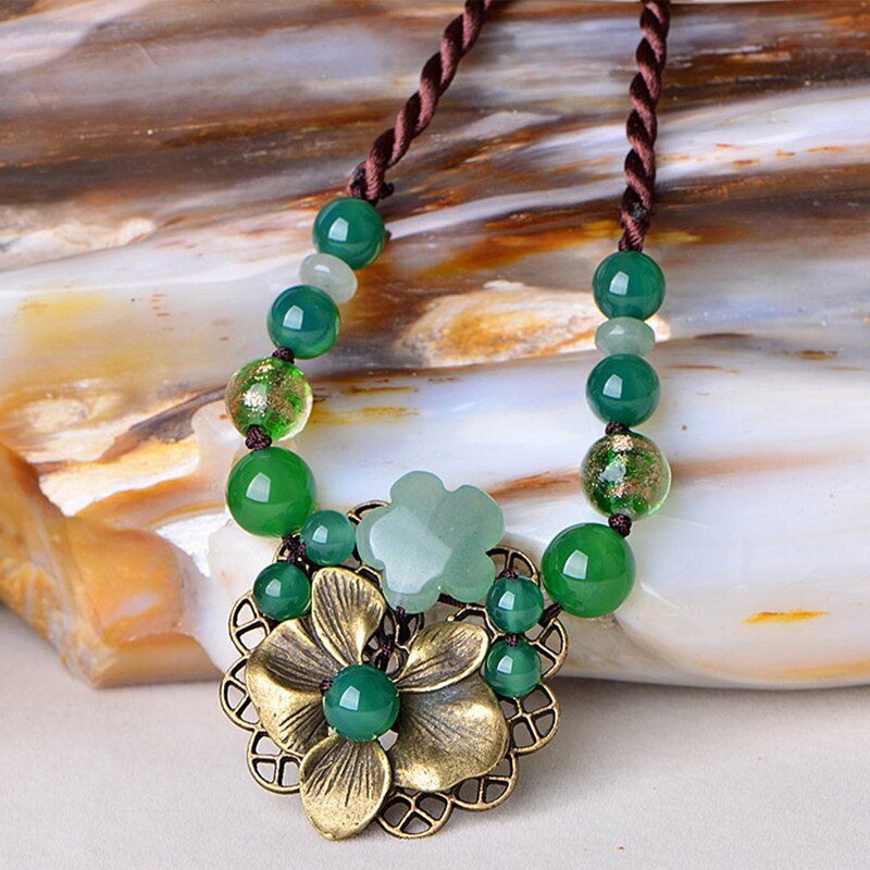 Yanting Ethnic Short Choker Necklaces For Women Vintage Copper Alloy Flower Handmade Necklace With Natural Stone Aventurine 0110