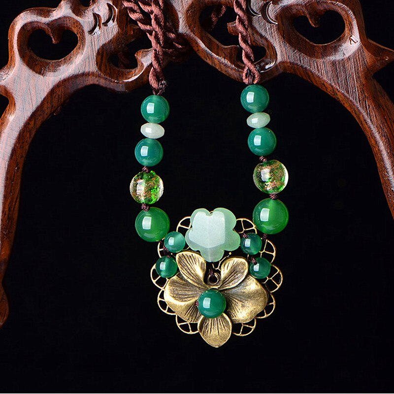Yanting Ethnic Short Choker Necklaces For Women Vintage Copper Alloy Flower Handmade Necklace With Natural Stone Aventurine 0110