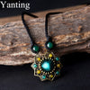 Yanting Vintage Choker Necklace For Women Ethnic Glass Glazed Green Stone Copper Alloy Flower Pendant Necklace Gift 041