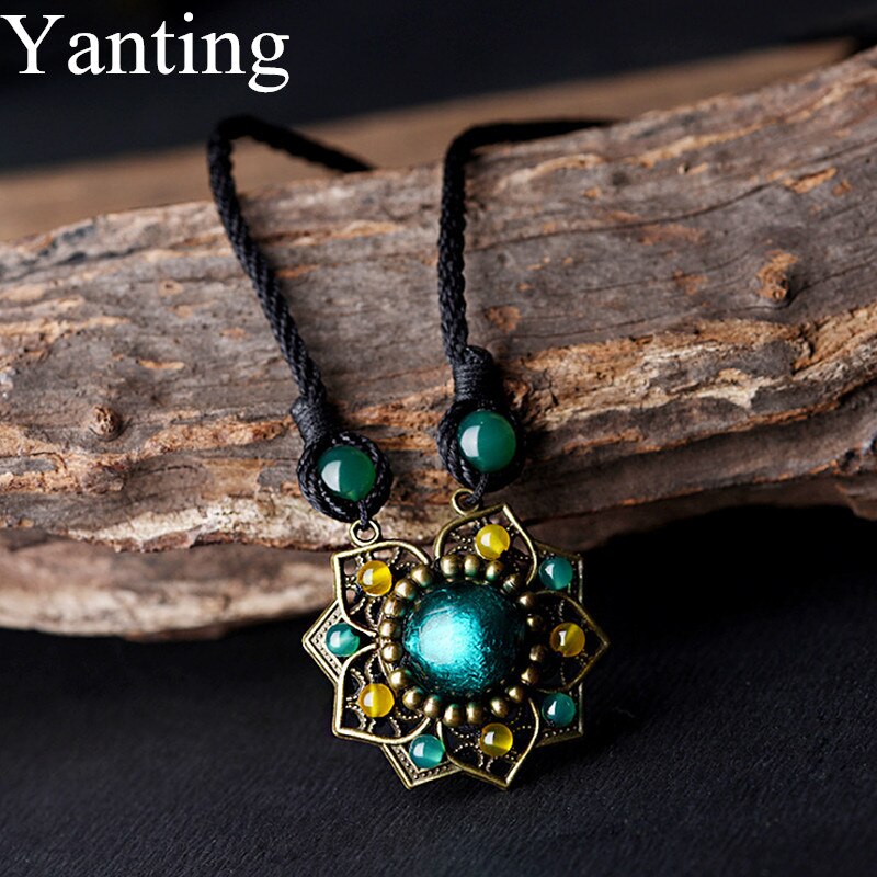 Yanting Vintage Choker Necklace For Women Ethnic Glass Glazed Green Stone Copper Alloy Flower Pendant Necklace Gift 041