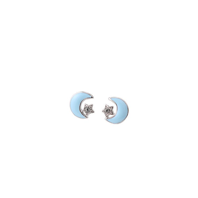 Yellow/Blue Enamel Moon Crescent CZ Star 925 Silver Stud Earrings