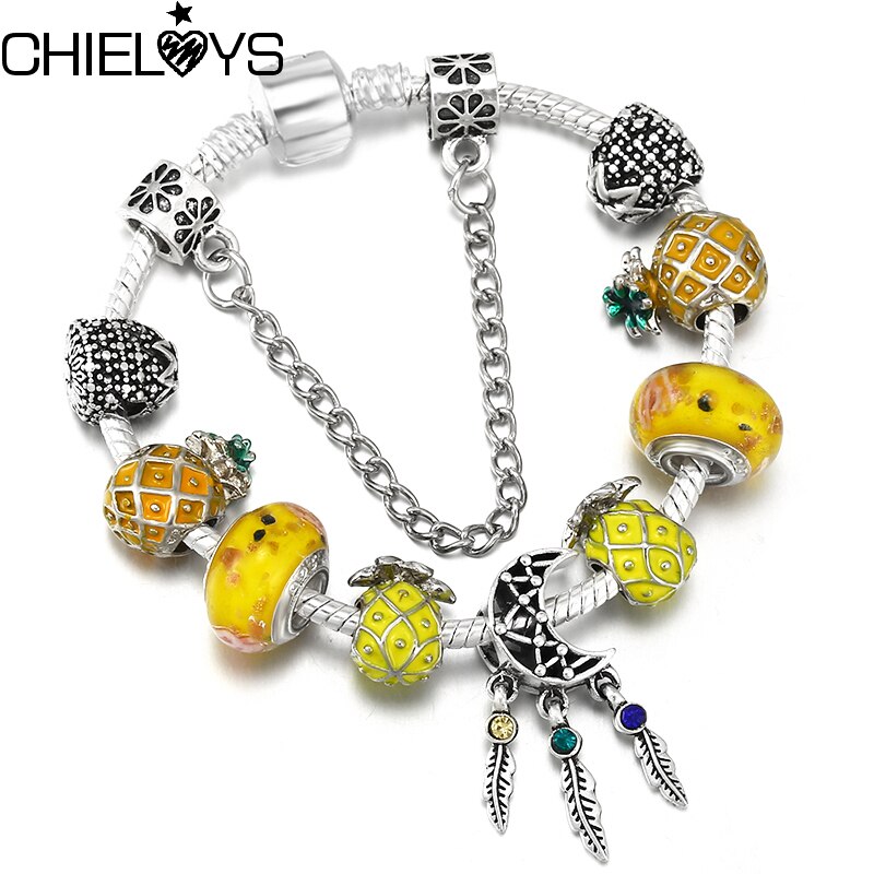 Yellow Fruit Pineapple Beads Brand Bracelet With Moon Pendant Snake Chain Charm Bracelets For Women Jewelry Gift