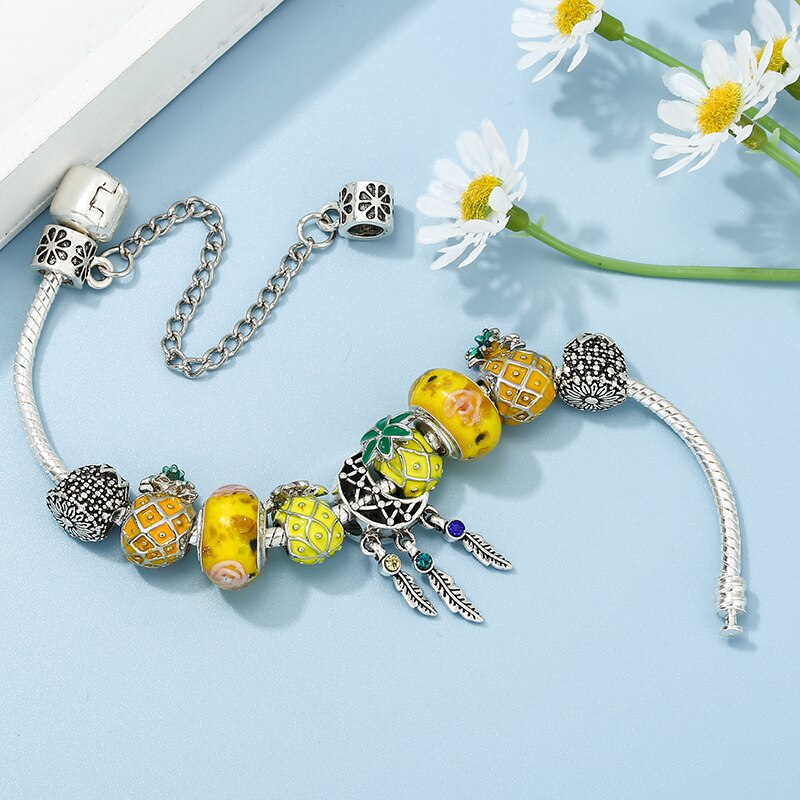 Yellow Fruit Pineapple Beads Brand Bracelet With Moon Pendant Snake Chain Charm Bracelets For Women Jewelry Gift